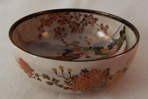 ANTIQUE ASIAN GILTED SATSUMA BOWL RIM GOLD-EDGED MARKED AND SIGNED