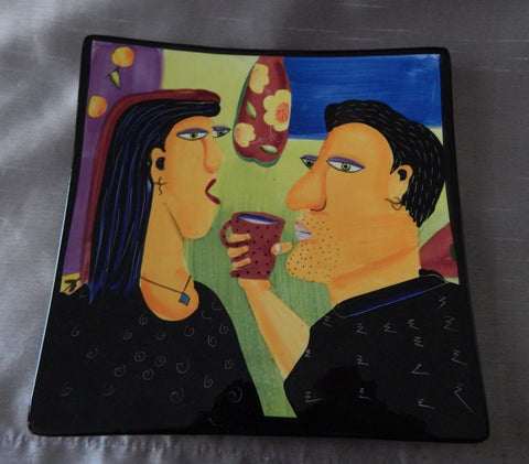 MARY NAYLOR HAND PAINTED WALL HANGING  / PLATE - MORNING COUPLE - 2004