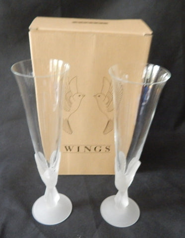 VINTAGE SASAKI "WINGS" CRYSTAL CHAMPAGNE FLUTES- NEW IN BOX- SET OF TWO